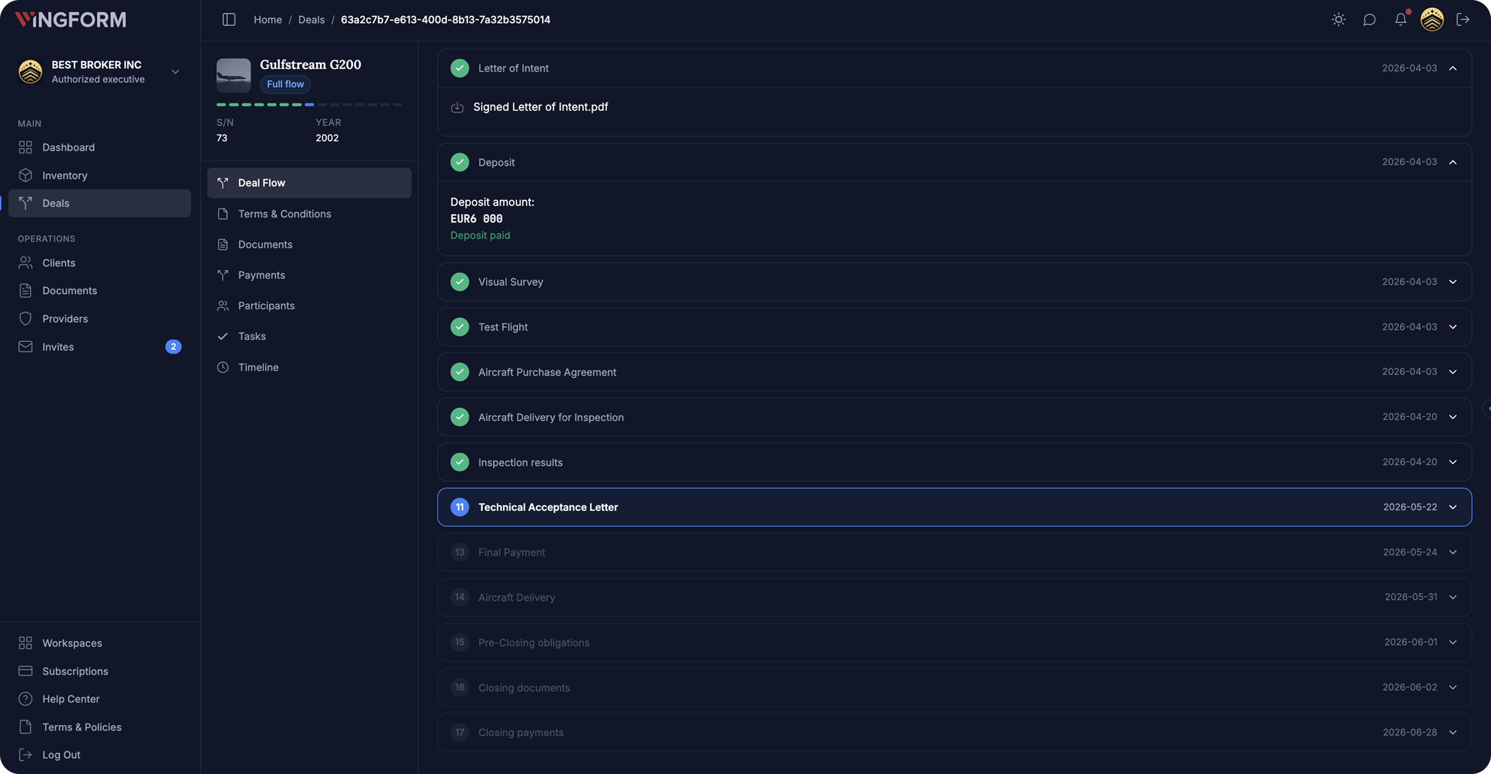 WINGFORM app deal flow with milestones and document tracking