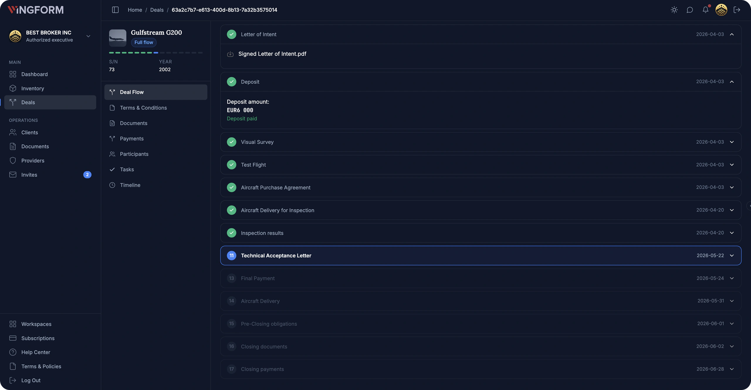 WINGFORM app deal flow with milestones and document tracking